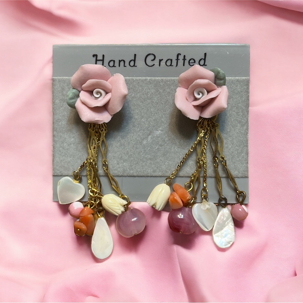 Handcrafted Pink Rose Dangle Earrings
